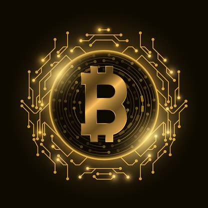 Futuristic golden Bitcoin digital currency. Computer circuit board. Cryptocurrency mining. Sci-fi design blockchain  for graphic design. Vector illustration. EPS 10.