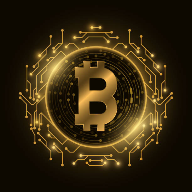 Futuristic golden Bitcoin digital currency. Computer circuit board. Cryptocurrency mining. Sci-fi design blockchain  for graphic design. Vector illustration. Futuristic golden Bitcoin digital currency. Computer circuit board. Cryptocurrency mining. Sci-fi design blockchain  for graphic design. Vector illustration. EPS 10. gold bitcoin stock illustrations