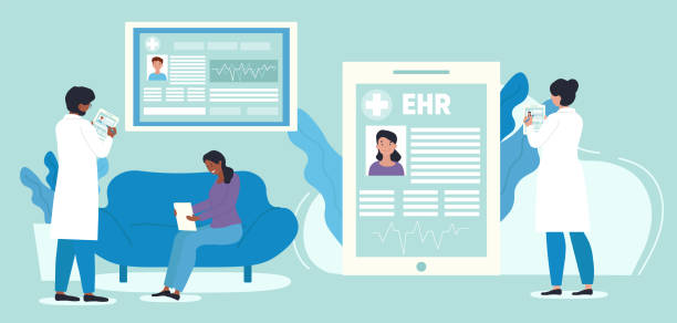 electronic health record concept EHR or electronic health record concept. Doctor using digital smart device to read patients data online. Modern technologies in hospital. Cartoon flat vector illustration electronic medical record stock illustrations