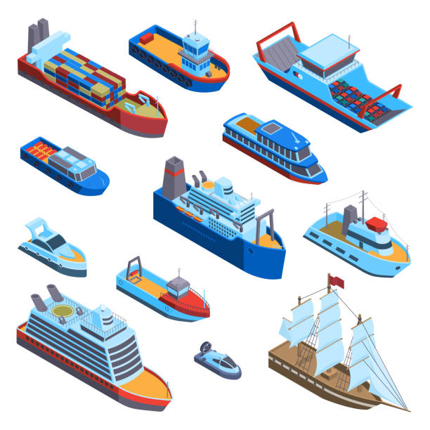 Isometric Water Transport Set Isometric water transport set with isolated images of modern and vintage sea vessels on blank background vector illustration ferry stock illustrations