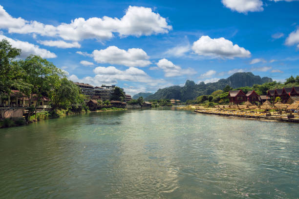 canzone high angle view of landscape at nam a vang vieng, laos. - vang vieng foto e immagini stock