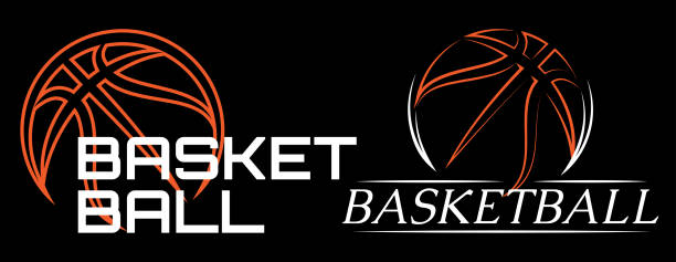 Sports template with basketball ball and lettering. Colored vector illustration. Black background. Elements for design of the brand team, business cards, site - ilustração de arte vetorial