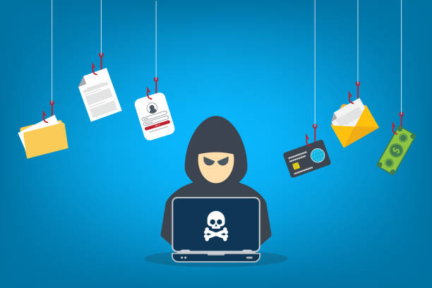 hacker mit laptop-computer, der vertrauliche daten, persönliche informationen und kreditkartendetails stiehlt. hacking-konzept. - computer hacker spy spam safety stock-grafiken, -clipart, -cartoons und -symbole