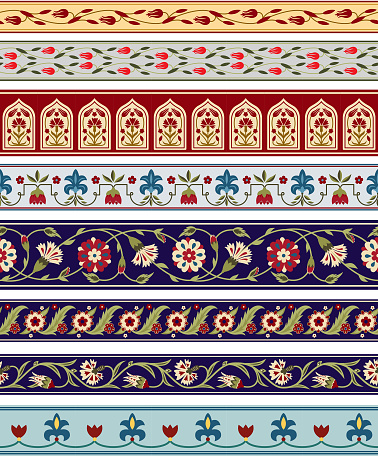 Seamless borders with various whimsical flowers. Central Asian, Suzani style. Pattern brushes included.