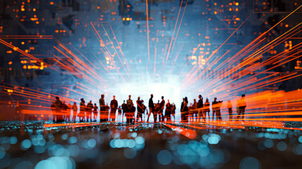 Futuristic city VR wire frame with group of people Futuristic city VR wire frame with group of people. This is entirely 3D generated image. change concept stock pictures, royalty-free photos & images