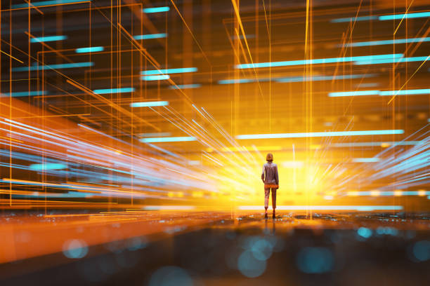 istock Futuristic city VR wire frame with businesswoman standing 1299625060