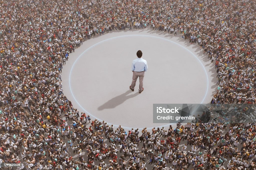 Large group of people with individual standing out Large group of people with individual standing out. This is entirely 3D generated image. Vanity Stock Photo