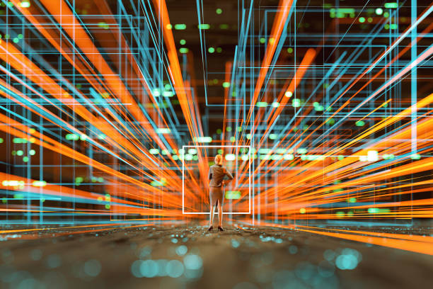 istock Futuristic city VR wire frame with businesswoman standing 1299626252