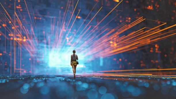istock Futuristic city VR wire frame with woman walking 1299626301