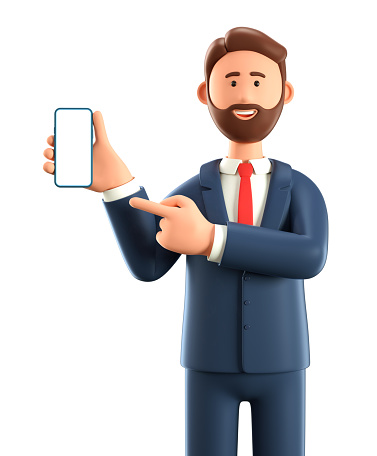 3D illustration of bearded man holding smartphone and showing blank screen. Close up portrait of cartoon smiling businessman pointing finger at empty display phone, isolated on white background.