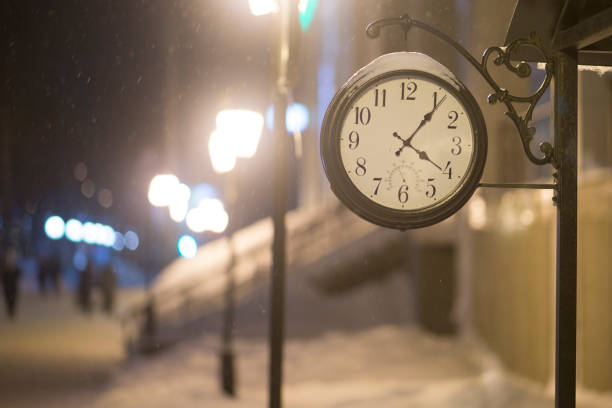 istock A big old clock on a city street in winter. 1299628096