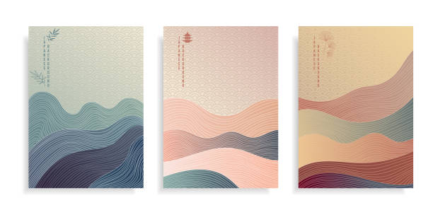 추상 미술 일본 배경 일몰 바다 라인 웨이브 패턴 벡터. 기하학적 패턴의 템플릿 배너, 카드 또는 포스터를 디자인합니다. 섬유를 위해 뚜껑을 덮거나 인쇄하십시오. 동양 스타일의 산과 바다. - japan stock illustrations