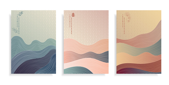 Abstract art Japanese background sunset sea with line wave pattern vector.Design template banner,card or poster with geometric pattern.Cover or print for textile.Mountain and ocean in oriental style.