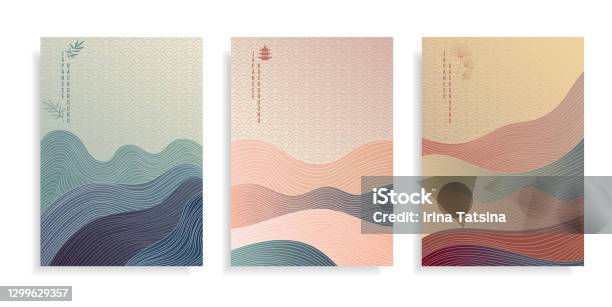 抽象藝術日本背景日落海與線波模式向量設計帶幾何圖案的範本橫幅卡片或海報紡織品的蓋板或印花東方風格的山海向量圖形及更多式樣圖片