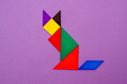 Multi colored geometric shapes  in the form of the cat