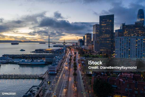 Aerial View Of Embarcadero In San Francisco Stock Photo - Download Image Now - San Francisco - California, City, Night