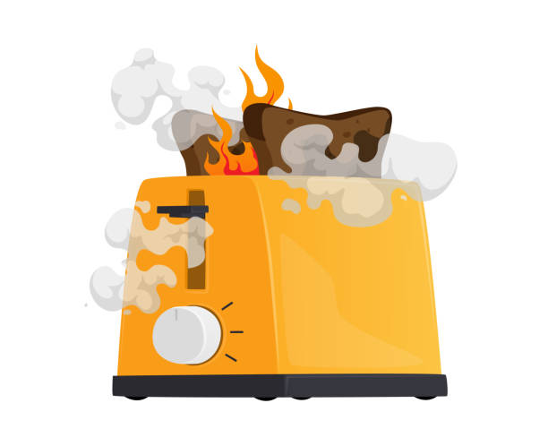 ilustrações de stock, clip art, desenhos animados e ícones de broken toaster with steam, fire and burnt bread isolated on white background. destroyed kitchen appliances, scrap thing - toaster