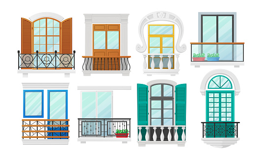 Set of Balconies with Windows with Wooden Shutters and Metal Forged or Marble Balusters. Classic Construction Architecture Exterior Decor. Vintage Building Facade Elements. Cartoon Vector Illustration