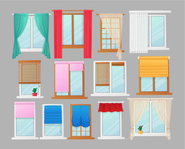 Set of Windows with Curtains and Jalousie and Roller Blinds, Interior Design Elements. White Pvc or Wooden Brown Sills Set of Windows with Curtains and Jalousie and Roller Blinds, Interior Design Elements. White Pvc or Wooden Brown Sill, Plastic Frame with Fabric Drapery. Transparent Home Glasses. Cartoon Vector Icons Sunblind stock illustrations