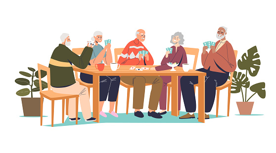 Group of senior friends playing cards. Older men and women spend time together relaxing and having fun while play board games, bridge or poker. Cartoon vector illustration