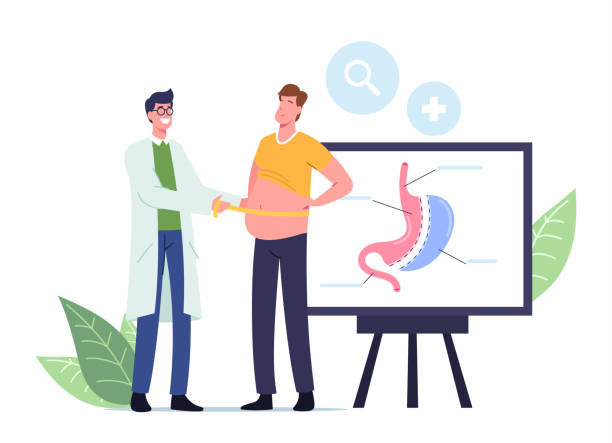 Weight Loss Medicine. Doctor Male Character Measuring Waist of Fat Man Patient Visiting Clinic for Bariatric Surgery Weight Loss Medicine Concept. Surgeon Doctor Male Character Measuring Waist of Fat Man Prepare Patient for Bariatric Surgery Gastrectomy Procedure in Clinic. Cartoon People Vector Illustration stomata stock illustrations