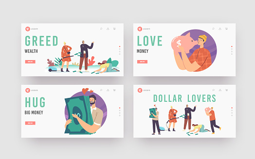 Love Money, Greed, Cupidity Landing Page Template Set. Greedy Male and Female Characters Excited to Gain Money, Kiss Piggy Bank, Gripping Dollar Bills from Ground. Cartoon People Vector Illustration