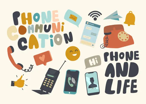 Vector illustration of Set of Icons Phone Communication Theme. Telephones Evolution from Old to Modern, Smart Device, Technology for Chatting