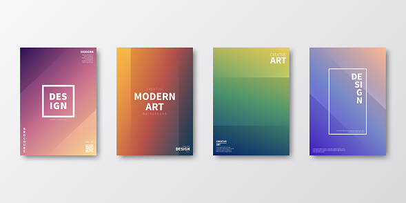 Set of four vertical brochure templates with modern and trendy backgrounds, isolated on blank background. Abstract colorful illustrations with two symmetrical folds and beautiful color gradients (colors used: Red, Purple, Pink, Orange, Green, Brown, Blue, Black, Beige, Yellow). Can be used for different designs, such as brochure, cover design, magazine, business annual report, flyer, leaflet, presentations... Template for your own design, with space for your text. The layers are named to facilitate your customization. Vector Illustration (EPS10, well layered and grouped), wide format (2:1). Easy to edit, manipulate, resize and colorize.