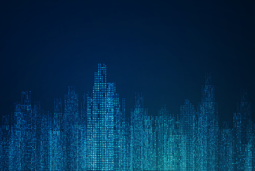 Cityscape on dark blue background with bright glowing neon