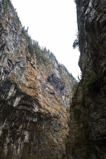 istock View from below of a mountain gorge with high cliffs and clouds, cloudy autumn day 1299637275