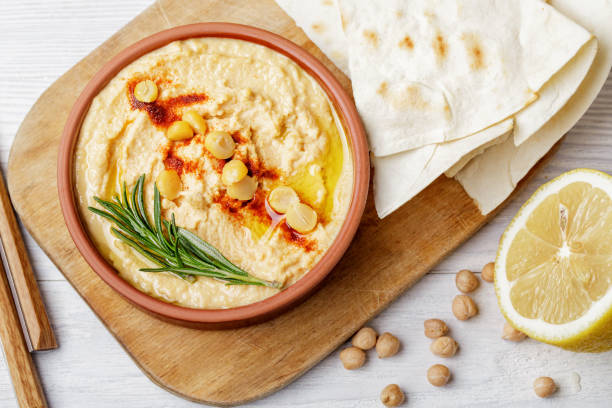 istock Hummus in plate, bread pita - dip food 1299641164