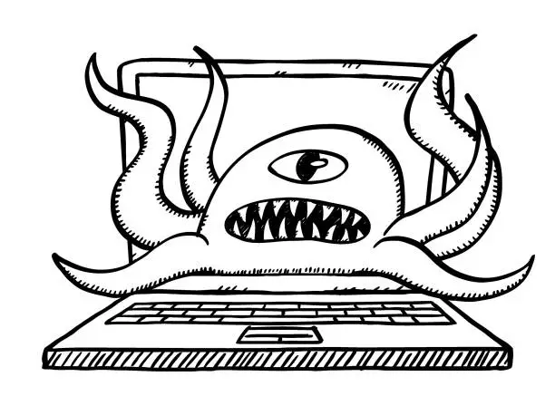 Vector illustration of Black and white sketch style illustration of computer virus attacking laptop.