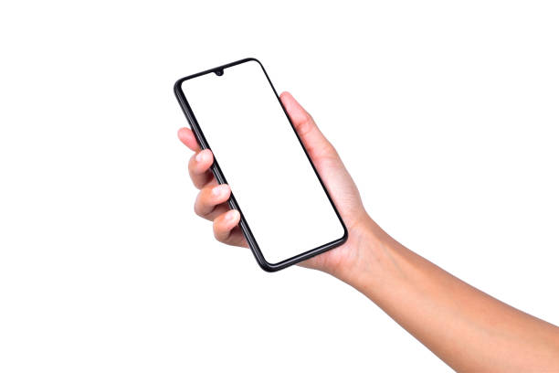 istock hand holding modern bezel less smartphone with blank screen isolated on white background, empty mobile screen for message or advertisement, drop notch mobile 1299644030