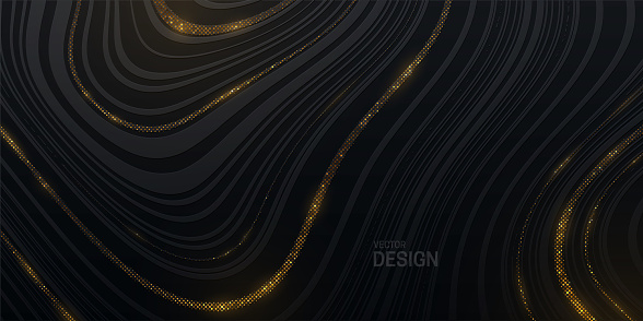 Black striped texture with golden glitters. Abstract marbling background. Vector illustration. Smooth fluid lines pattern. Modern poster design. Trendy cover with wavy black and gold lines
