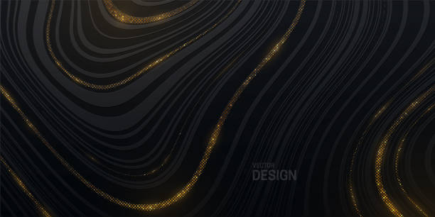 Black striped texture with golden glitters. Black striped texture with golden glitters. Abstract marbling background. Vector illustration. Smooth fluid lines pattern. Modern poster design. Trendy cover with wavy black and gold lines gold layer stock illustrations