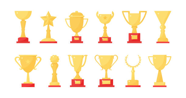 золотой трофей вектор кубок, спортивная награда, чемпион иконы. цветная иллюстрация - medal gold medal podium leadership stock illustrations