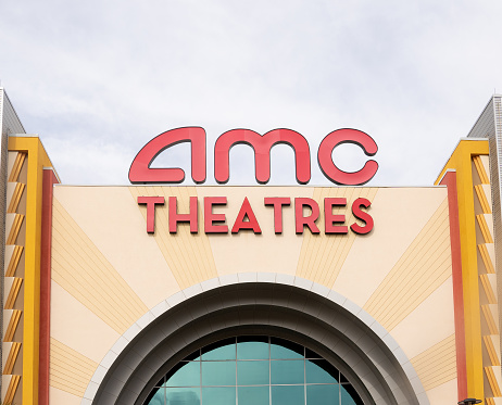 Phoenix,Az,USA-1.24.21:  AMC movie theatre.  The Robinhood stock trading app restricted trades  of AMC stock after a group on Reddit targeted the chain with the hashtag #SaveAMC.