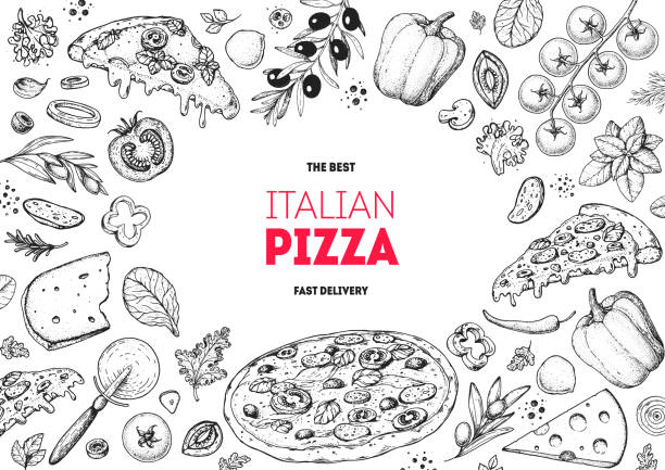 Italian pizza and ingredients. Italian food menu design template. Pizzeria menu design template. Vintage hand drawn sketch vector illustration. Engraved image. Italian pizza and ingredients. Italian food menu design template. Pizzeria menu design template. Vintage hand drawn sketch vector illustration. Engraved image. pizza symbols stock illustrations