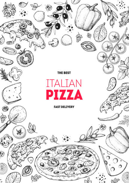 illustrations, cliparts, dessins animés et icônes de pizza italienne et ingrédients. modèle italien de conception de menu de nourriture. modèle de conception de menu pizzeria. illustration de vecteur dessinée à la main de cru. image gravée. - pizzeria