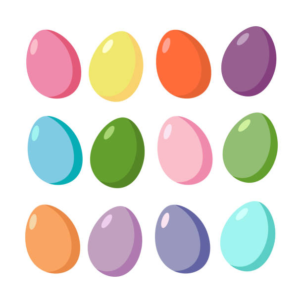흰색 배경에 고립 된 12 가지 트렌디 한 색상 부활절 달걀 벡터 세트. 봄 휴가를 위한 스크랩북 및 엽서 요소 디자인. - easter egg stock illustrations