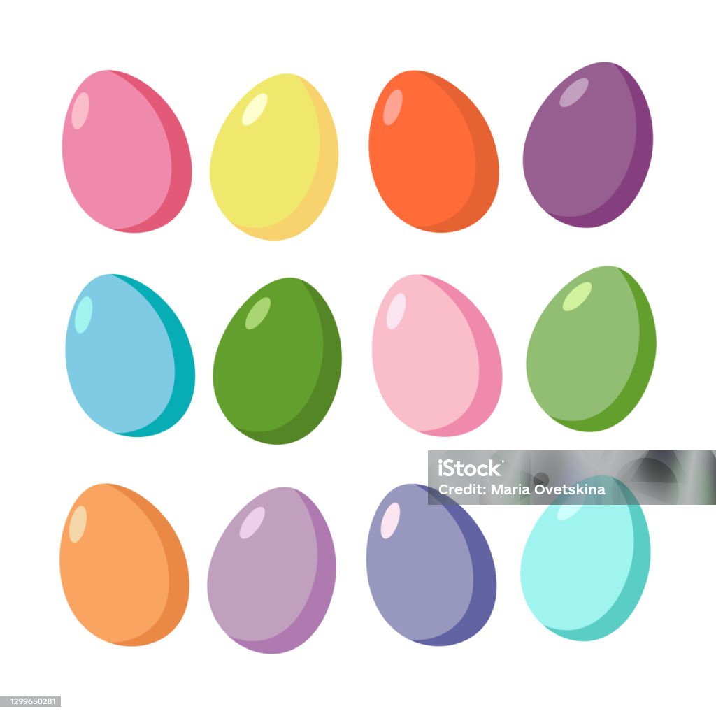 Набор из 12 модных цветов пасхальных яиц вектор изолирован на белом фоне. Scrapbooking и открытки элементы дизайна для весенних праздников. - Векторная графика Пасхальное яйцо роялти-фри