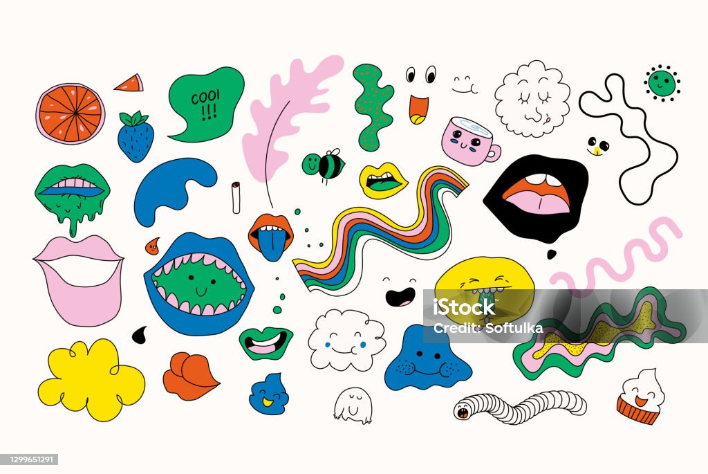 Set di doodle vettoriali separati colorati, completamente modificabili - arte vettoriale royalty-free di Adesivo