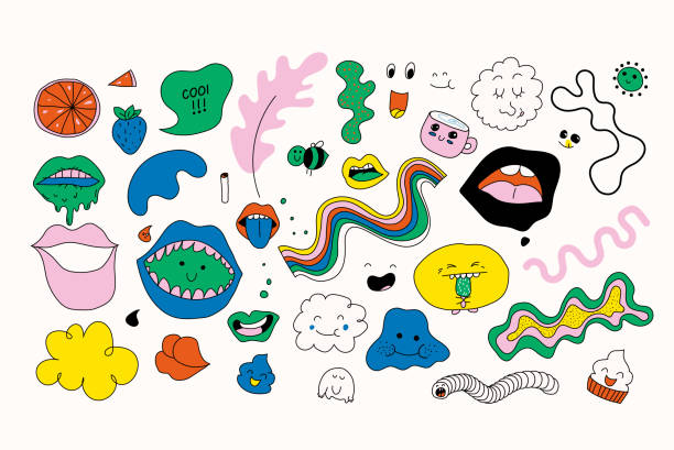 illustrazioni stock, clip art, cartoni animati e icone di tendenza di set di doodle vettoriali separati colorati, completamente modificabili - emoticon illustrazioni