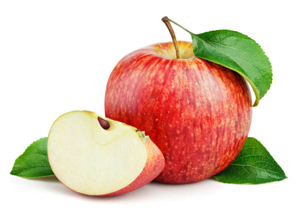 istock Ripe red apple with slice and leaves isolated on white 1299652179