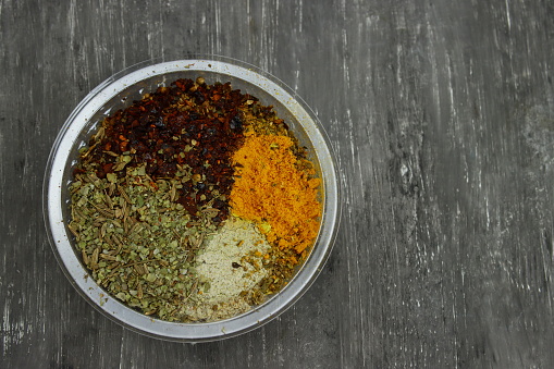 set of spices in a plastic jar, top view