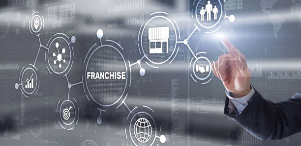 istock Businessman hand touching inscription Franchise marketing system. 1299652923