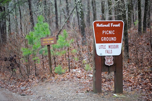Caddo Gap, Arkansas - December 30, 2020: Little Missouri Falls Picnic Ground sign located near Mine Creek Road in Ouachita National Forest near Caddo Gap, Arkansas.
