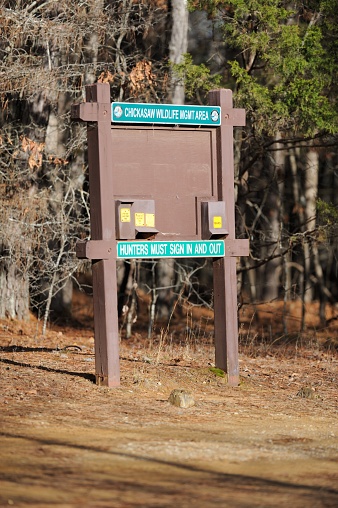 Houston, Mississippi - January 23, 2021: Chickasaw Wildlife Management Area Hunter Sign in and out station on County Roads 164 in the Tombigbee National Forest near Houston, Mississippi.
