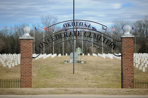 Okolona, Mississippi - January 23, 2021: Sign over the entrance of the Okolona Confederate Cemetery in Okolona, Mississippi.