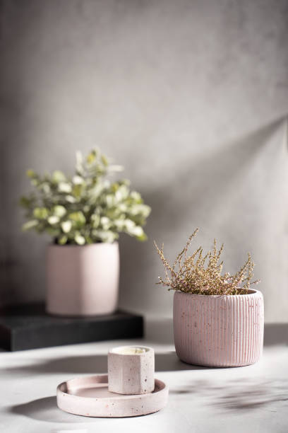 istock Creative composition with burning scented soy wax candles in a concrete candlestick and a flower pot of dried flowers on a gray background. Eco-friendly. Natural. Shadows on the wall 1299654049